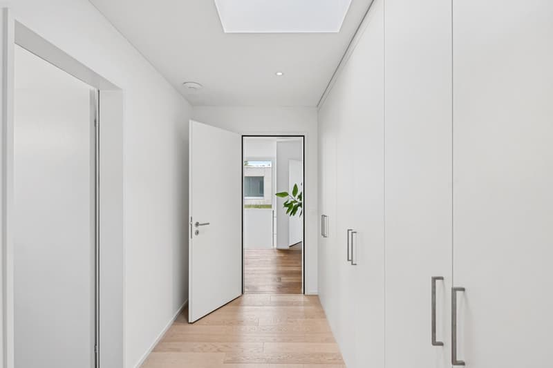 white walls, wooden floor, glass door, glass interior door, glass window
