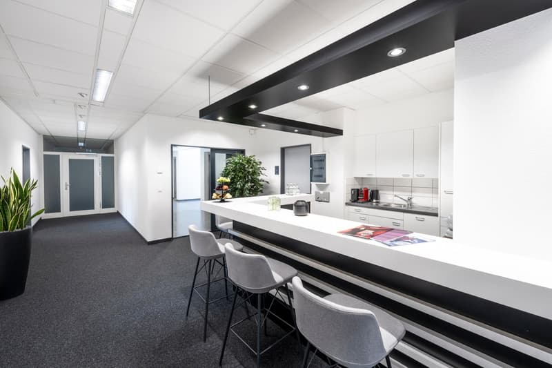 spacious office, white walls, white and black countertops, chairs, plants, kitchen with sink and cabinets, open room
