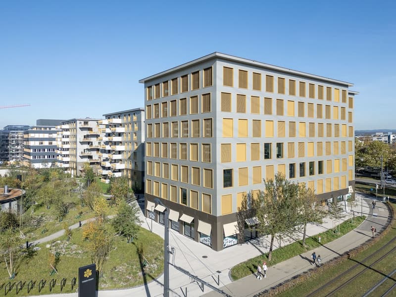 Modern office building with multiple floors, yellow and gray exterior, glass windows, and a flat roof. Located in an urban area with other buildings, trees, and a sidewalk.