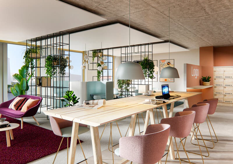 modern office with large windows, wooden desk, pink chairs, plants, carpet, lamps