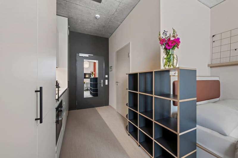 small bedroom, single bed, wooden and metal shelf, white walls, gray doors, small entryway