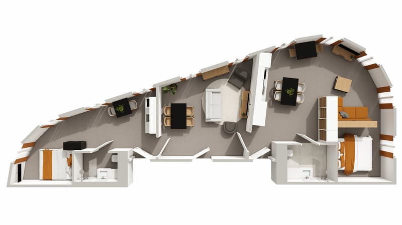 3 bedrooms, living room, kitchen, dining area, 2 bathrooms, view
