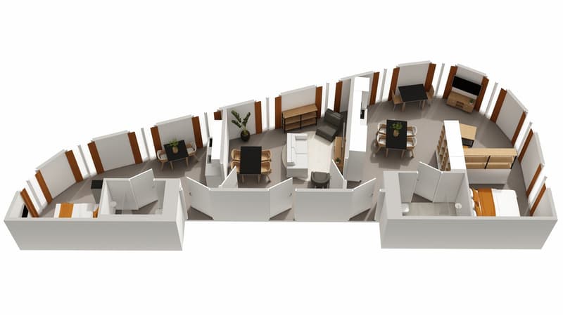 bedrooms, living room, dining room, kitchen, study room