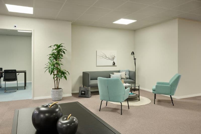 Spacious office with neutral-colored walls, modern furniture including a gray sofa, teal armchairs, and a coffee table. There is a potted plant, artwork on the wall, and a fireplace visible in the room.