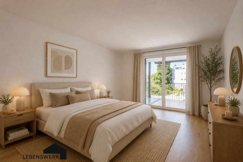 Helles Schlafzimmer mit direktem Balkonzugang  ein stilvoller Rückzugsort zum Wohlfühlen.