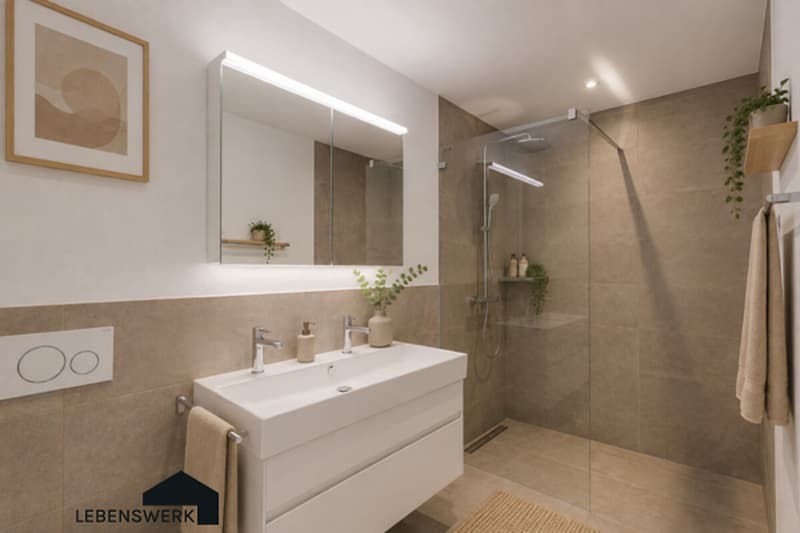 Modernes Badezimmer mit grosszügiger Walk-in-Dusche  stilvoll, hochwertig und zeitlos gestaltet.