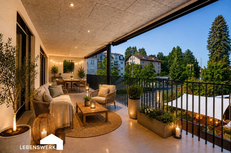 Stimmungsvolle Abendstunden auf dem grosszügigen Balkon  ein besonderer Rückzugsort zum Entspannen und Geniessen