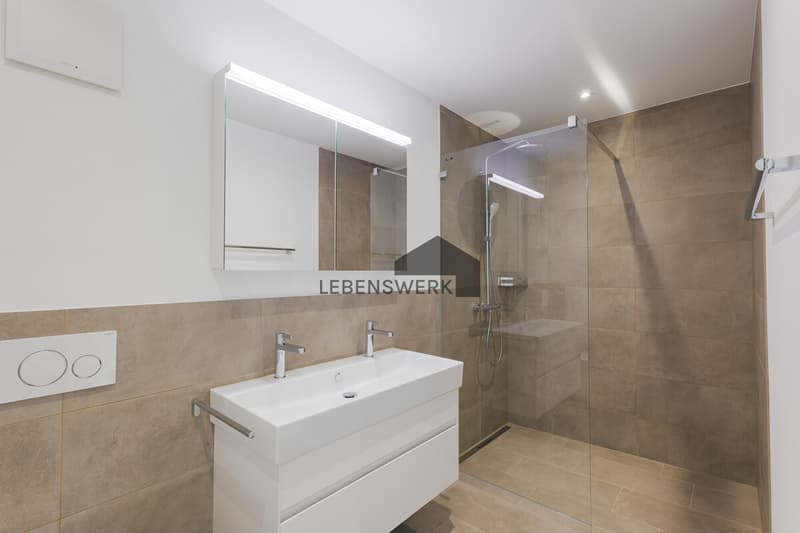 Modernes Badezimmer mit grosszügiger Walk-in-Dusche  stilvoll, hochwertig und zeitlos gestaltet.