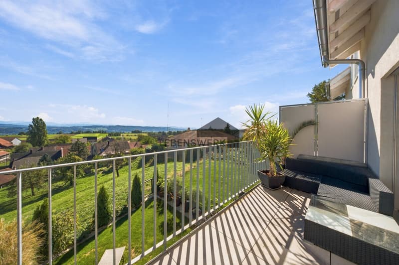 Vom Balkon geniessen Sie den weiten Blick über die Landschaft bis zu den Alpen.