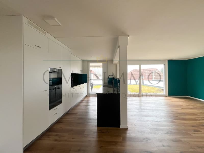 modern kitchen with white cabinets, black countertops, wooden floor, large windows, built-in oven and dishwasher