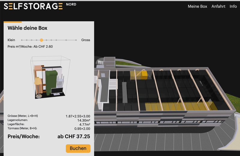 The image shows a 3D rendering of a self-storage unit. The unit has a size of 1.87x2.55x3.00 meters, with a storage volume of 14.30 square meters and a storage area of 4.77 square meters. The unit also has a turntable with dimensions of 0.95x2.00 meters.