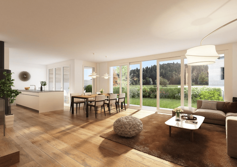 open plan living space with dining area, wooden floor, sliding glass doors to terrace, kitchen with island