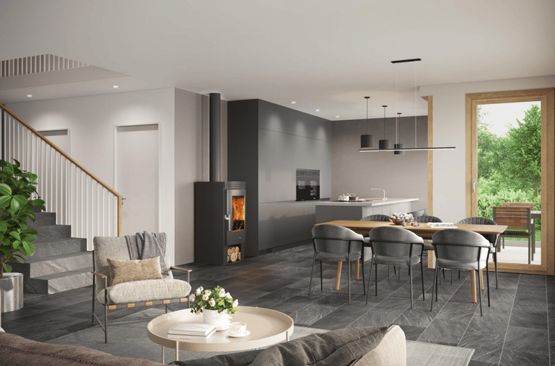 modern living room with dining area, fireplace, kitchen, tile flooring, large windows