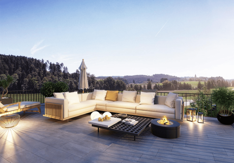 outdoor furniture, fire pit, white sectional sofa, wooden coffee table, closed umbrella, side table, lounge chair, floor lamp, potted plants