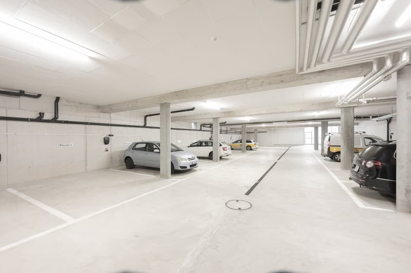 concrete floor, 7 parking places, lamps, pillars