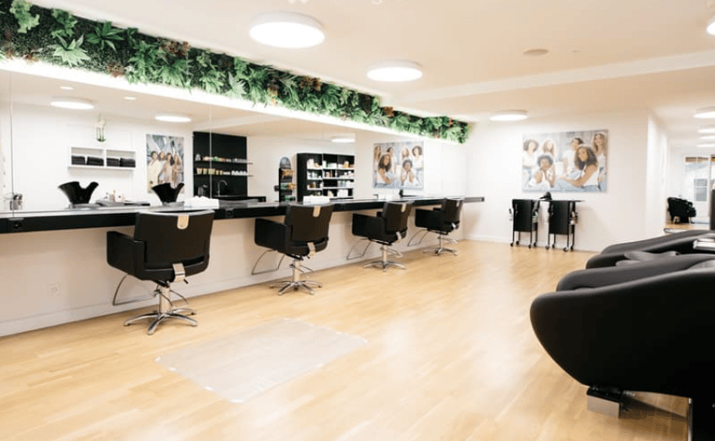 hairdresser's room with reception desk, hairdressing chairs, lounge chairs, hanging frames on wall, shelves, plants