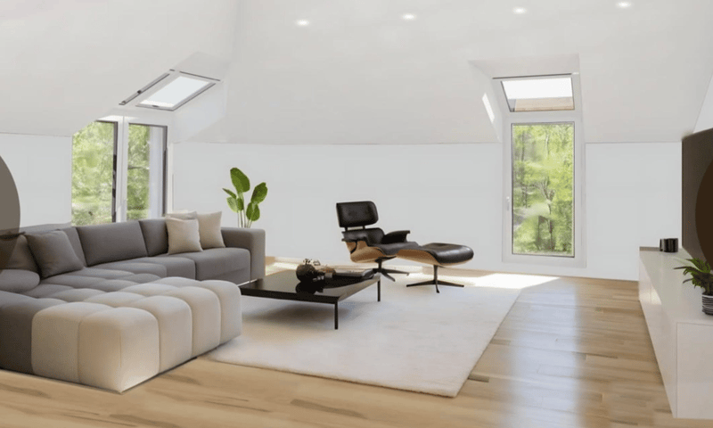Gray sectional sofa, white rug, black coffee table, potted plants, large windows, Eames chair, minimalist style