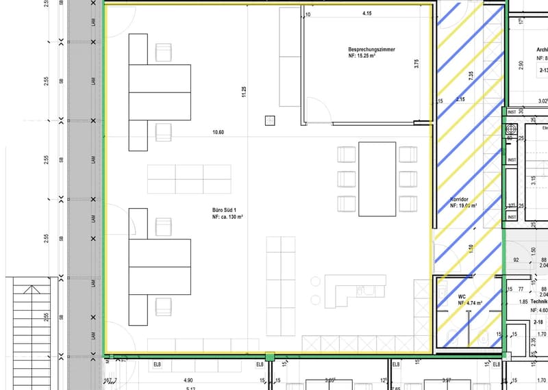 Floor plan includes a reception area, office, storage, and technical rooms. Dimensions and net floor areas are provided.