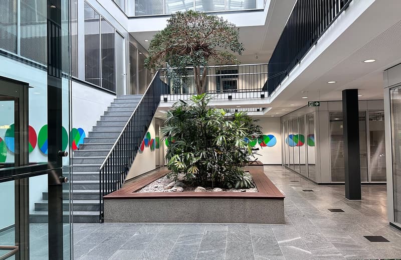 modern office building, glass walls, gray floors, staircase, plants, colorful wall art
