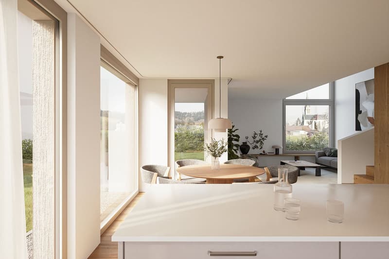 white interior, large glass windows, modern style, large wooden dining table, wooden floor