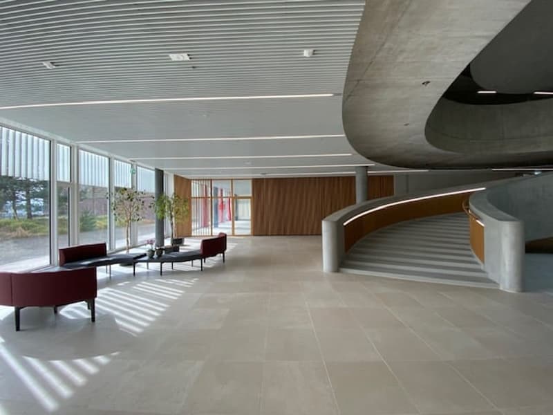 ample open space, modern architectural design, concrete structure, large glass windows, wooden staircase, minimalist decor
