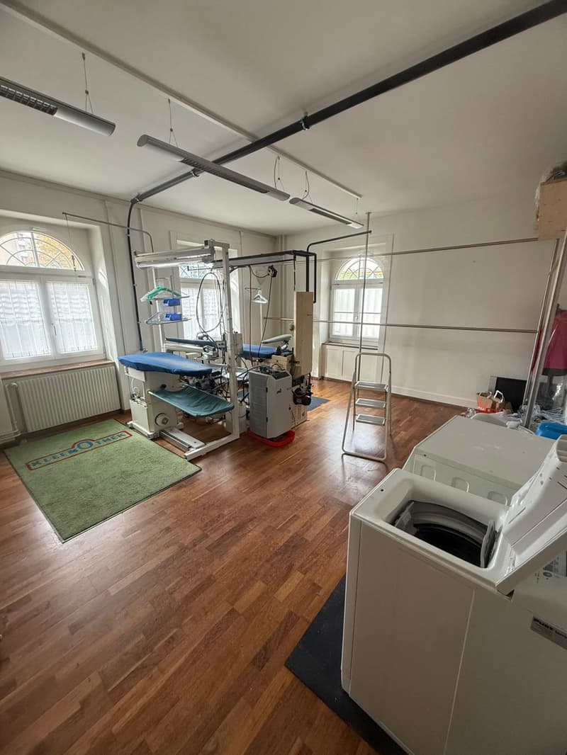 empty room with a washing machine, carpet, ironing machine, ladder, wooden floor