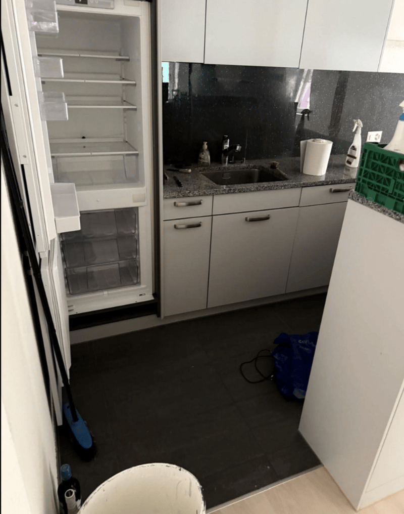 open fridge, sink, dishwasher, storage drawers, cleaning products, wooden floor