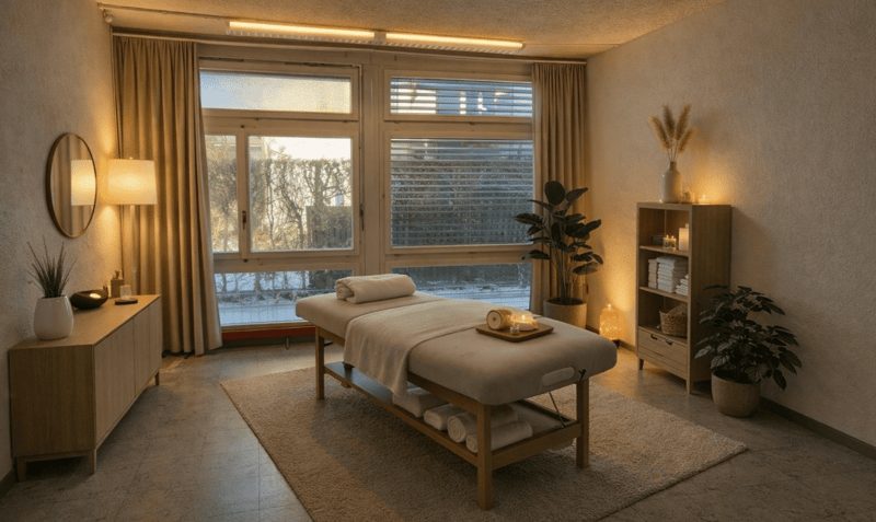 spacious, modern room with massage table, indoor plants, large windows with curtains, side table, mirror, wooden shelf with candles, lamps