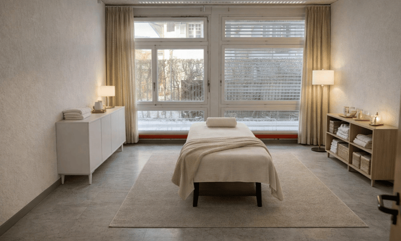 empty room with a massage table, large window, white furniture, white lamps, carpet, and towels on shelves