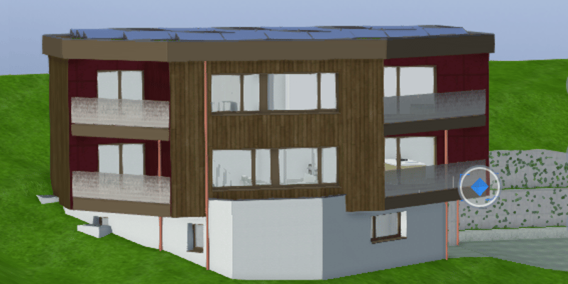 3 story apartment building, solar panels, balconies, brick and wood facade