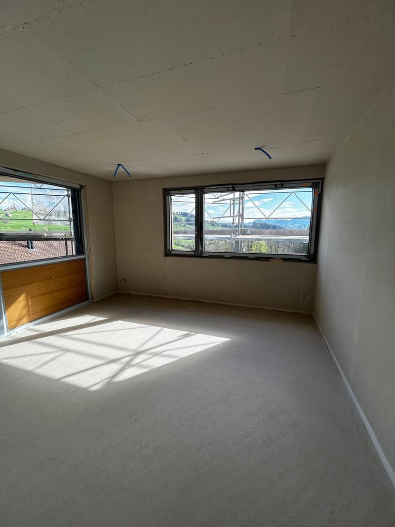empty room, two large windows, white walls, white floor, view of mountains