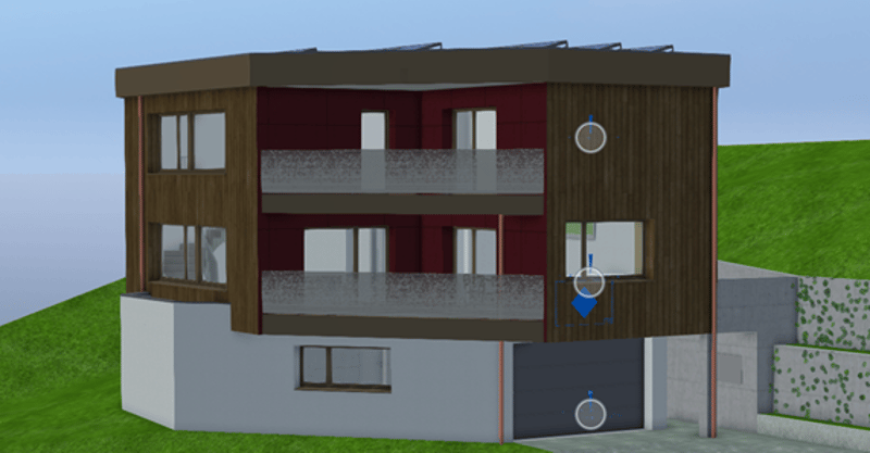 three-story building, red wall panels, wooden accents, solar panels, balconies, glass windows