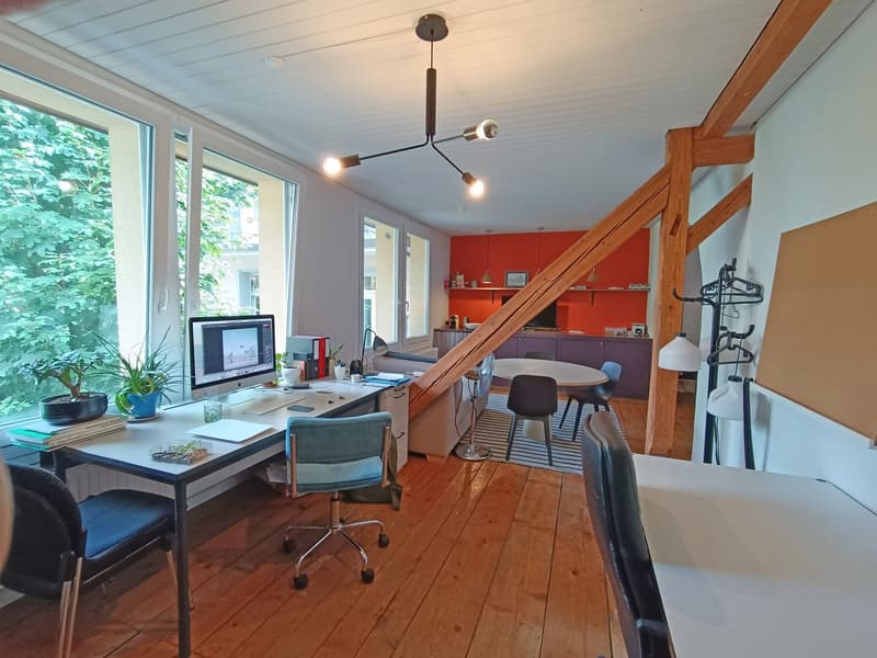 office desk, office chair, computer monitor, shelves, plants, radiator, large windows, dining table, dining chairs, round table lamp, coat rack