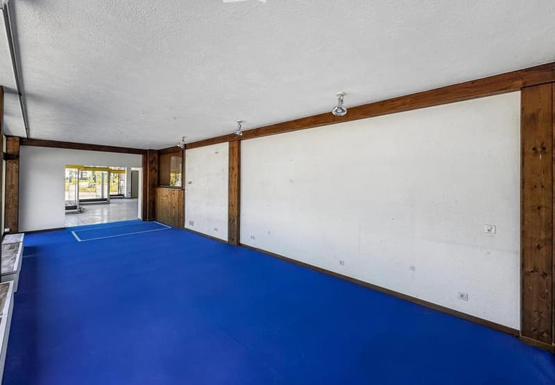 Empty room with blue floor, white walls, wooden side panels, mounted lamps on the ceiling, two windows, and an entrance with glass doors.