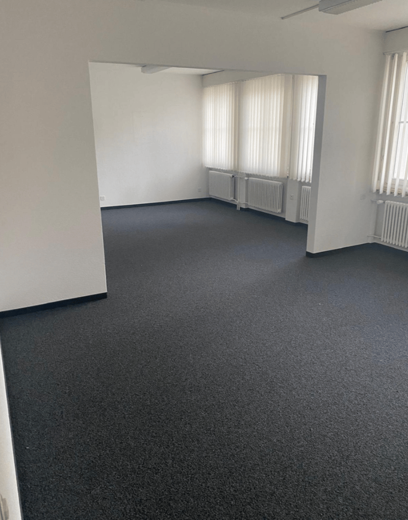 empty room, white walls, gray carpet, large windows, wall mounted radiators