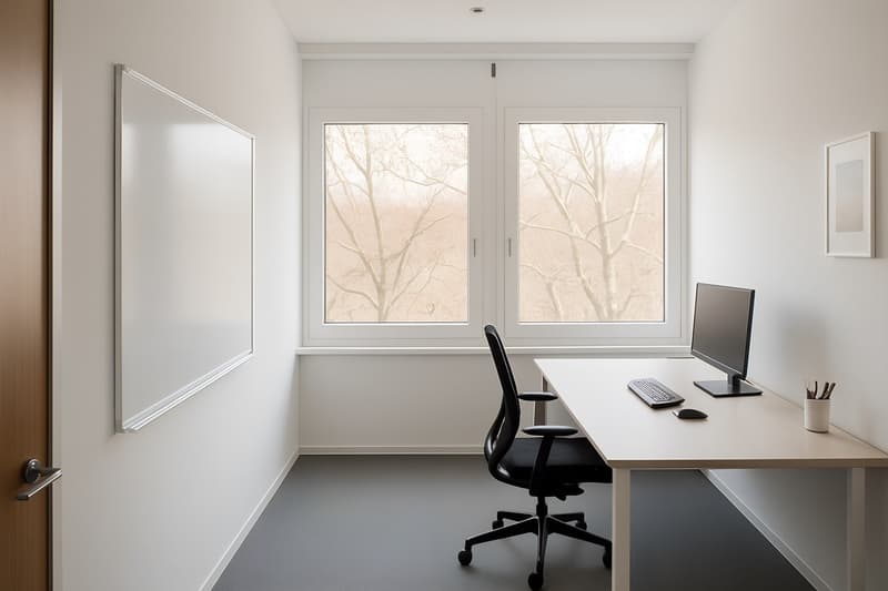 White walls, black desk, black chair, computer, keyboard, mouse, frame on the wall, whiteboard on the wall, cup