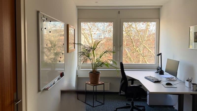 Empty office room with white walls, windows, desk, chair, computer, monitor, lamp, potted plant, whiteboard, picture frame, radiator.