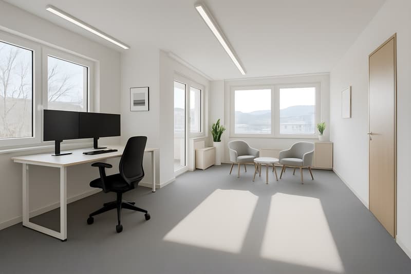 Modern office room with a desk, black office chair, monitors, two white chairs, small white table, plants, white walls, ceiling lights, and windows
