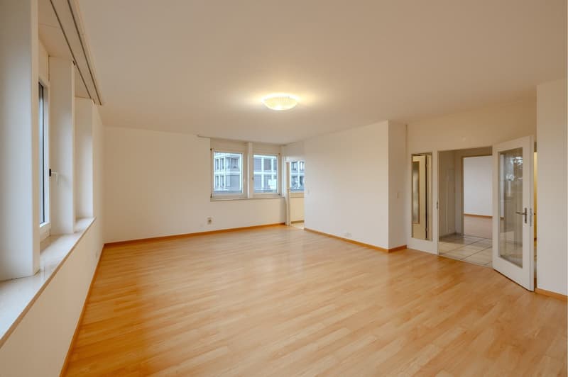 open room, hardwood floor, white walls, ceiling lamp, windows, doors