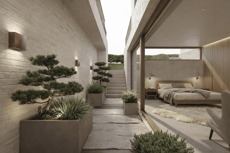 modern bedroom, wooden bed, stone flooring, large window, outdoor patio, garden, staircase