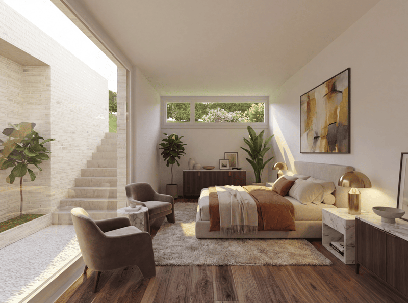 Modern styled bedroom with large windows, hardwood flooring, bed, nightstands, lamps, carpet, furniture, plants, stairs