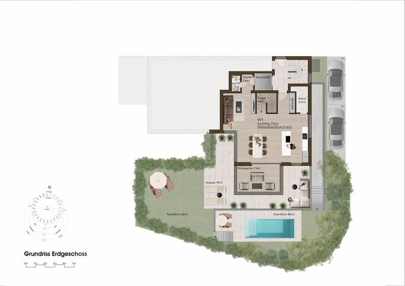 Living room, kitchen, 2 bedrooms, 2 bathrooms, balcony, terrace, winter garden, swimming pool