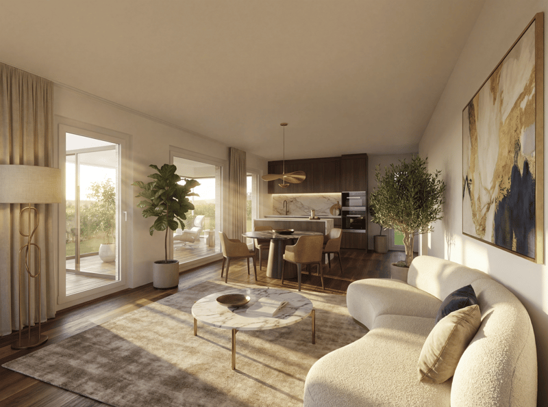 living room with white couch, round marble coffee table, area rug, dining table, and chairs, glass sliding doors with balcony view, ceiling fan, potted plants, lamps