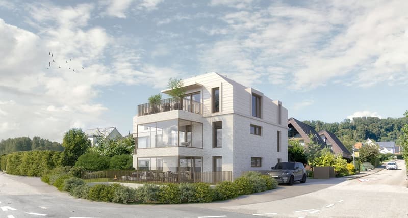 Two-story house, white exterior, glass windows, balcony, trees, fence, garden, car parked