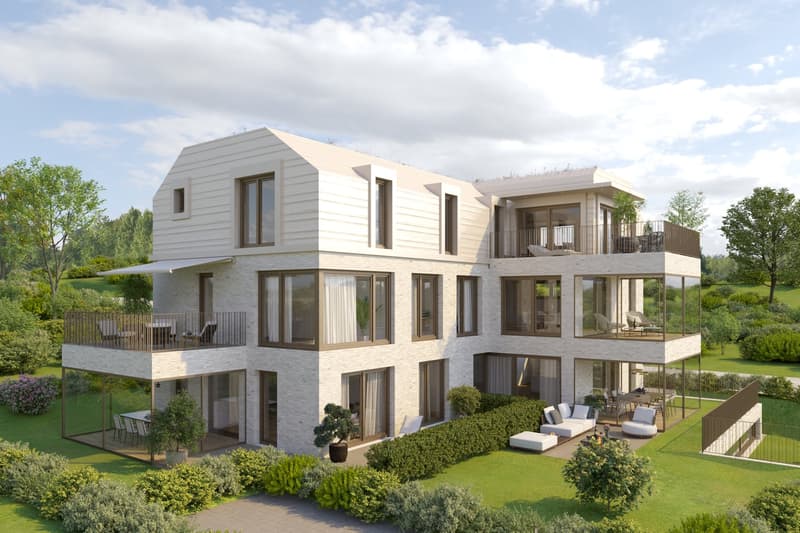 3 story white house with large windows, multiple balconies, patio, garden, and surrounding trees.