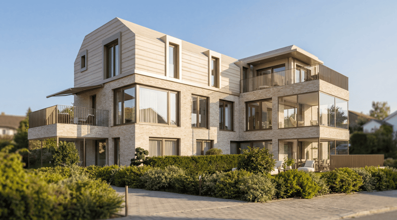 modern house, beige brick, large windows, balconies, raised ground floor, modern design