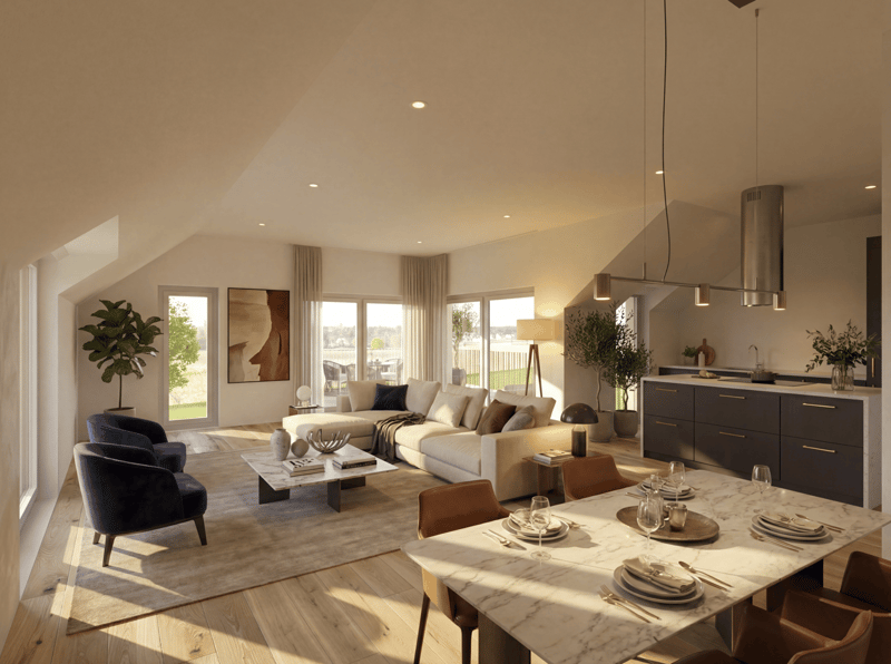 modern living room, sectional sofa, coffee table, large windows, balcony, kitchen area