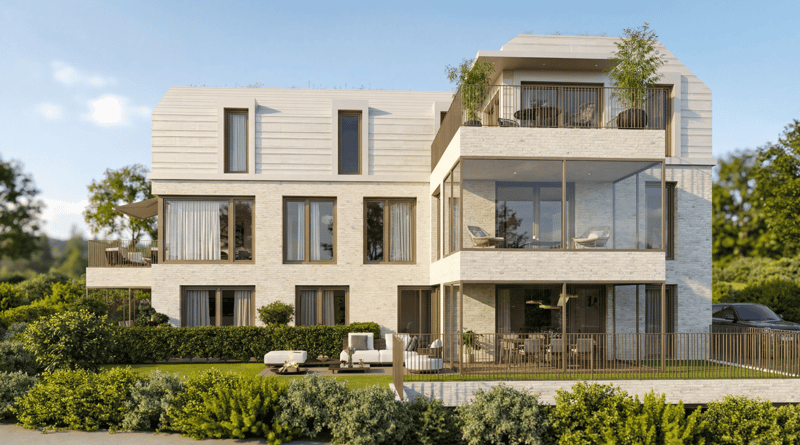 two story house, white exterior, large windows, balcony, landscaped lawn, patio furniture