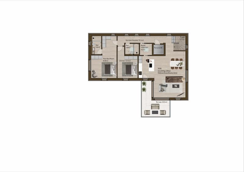 living room, kitchen, 2 bedrooms, 2 bathrooms, balcony, terrace