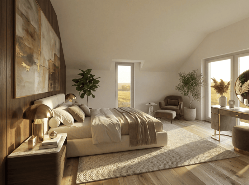 Wooden floor, large bed, side table, lamp, rug, plants, chair, ottoman, desk, mirror